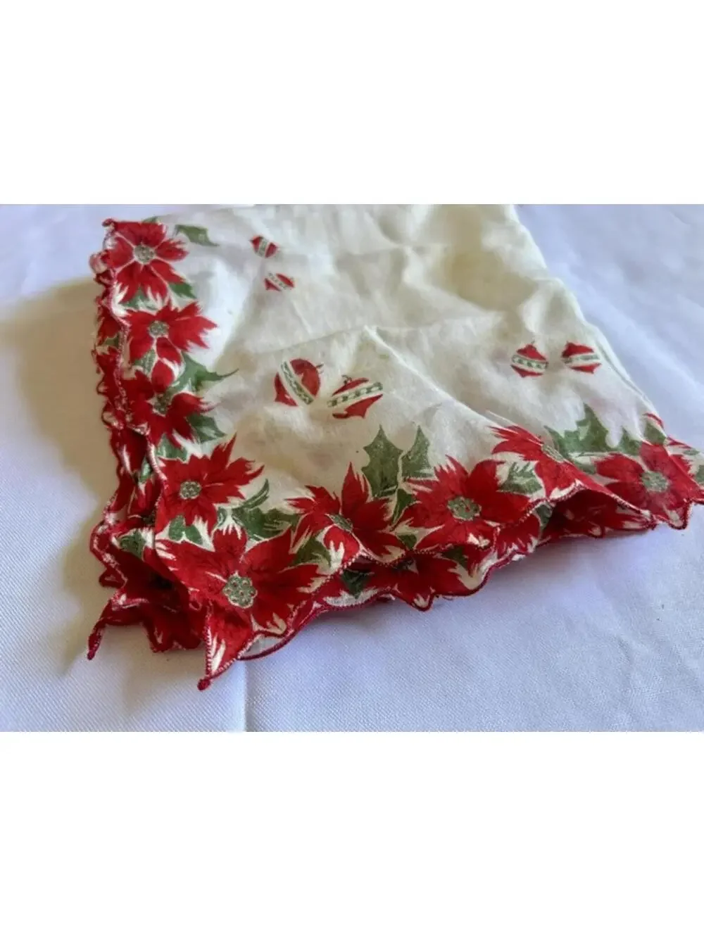 Vintage Christmas Holiday Tablecloth with Poinsettia and Ornament Design